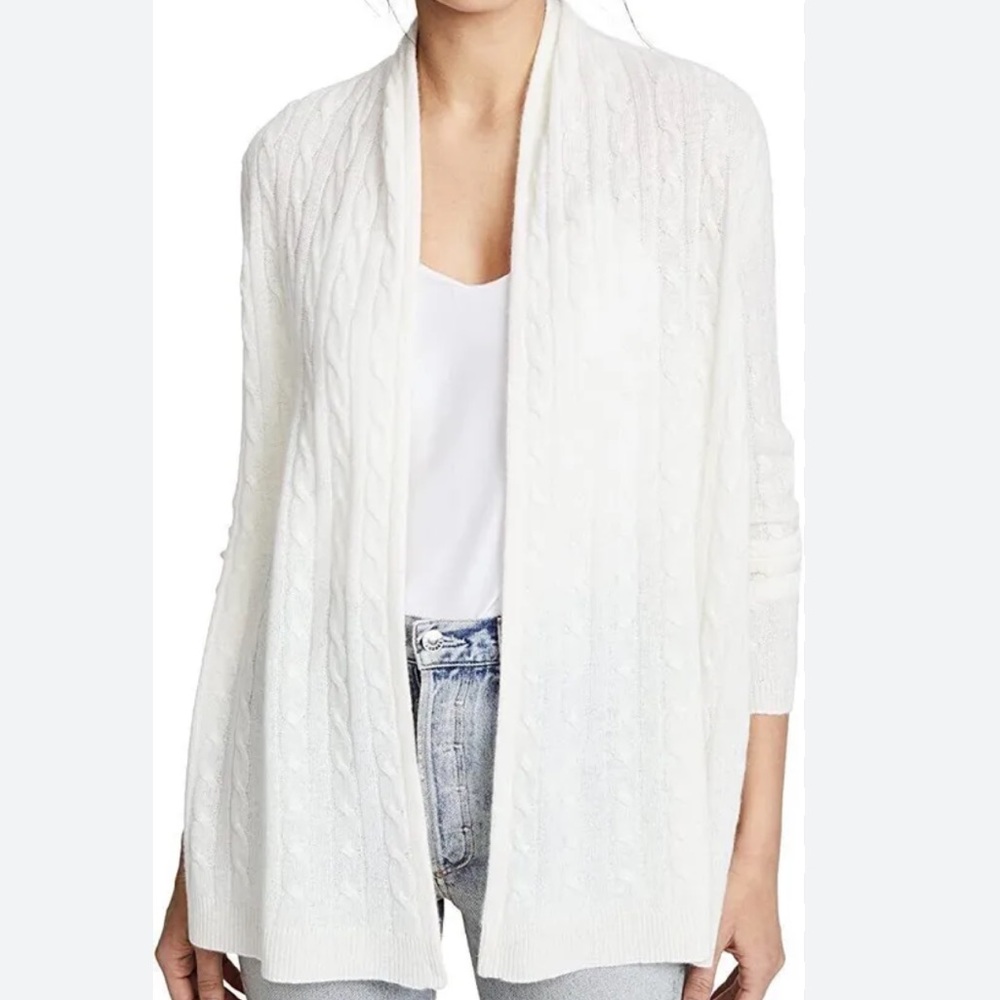 White+Warren Cashmere Cable Cardigan Open Front Collar - Black - 100% Cashmere